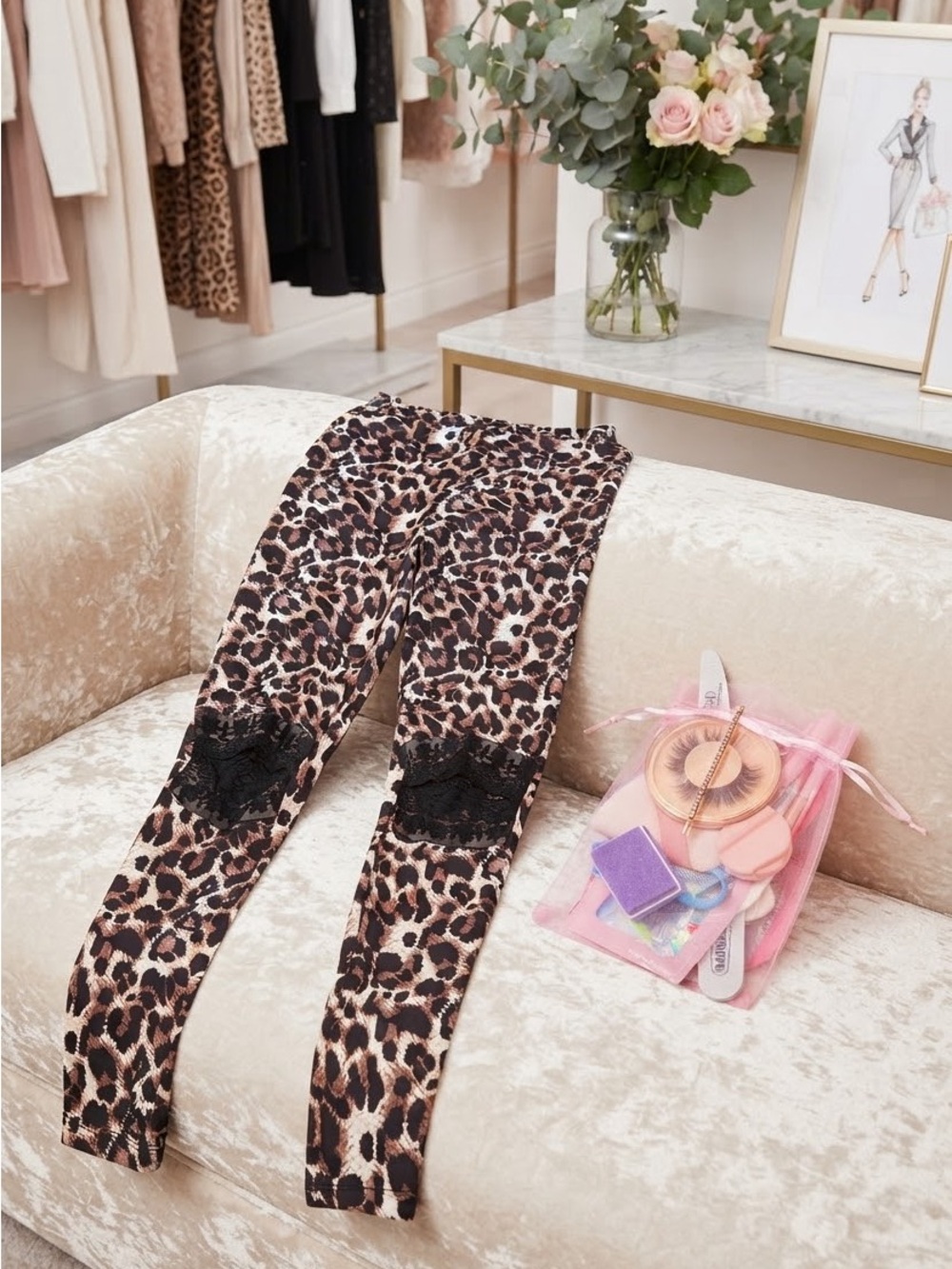 Leopard Print Leggings with Black Lace Knee Detail & Beauty Gift Bag